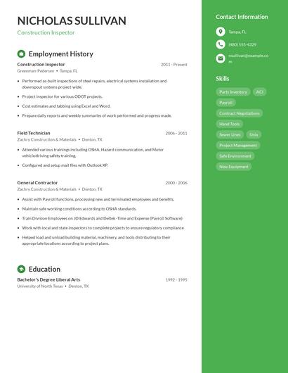 Construction Inspector Resume