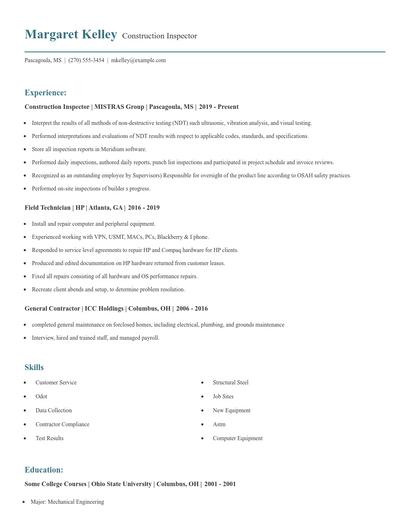 Construction Inspector Resume