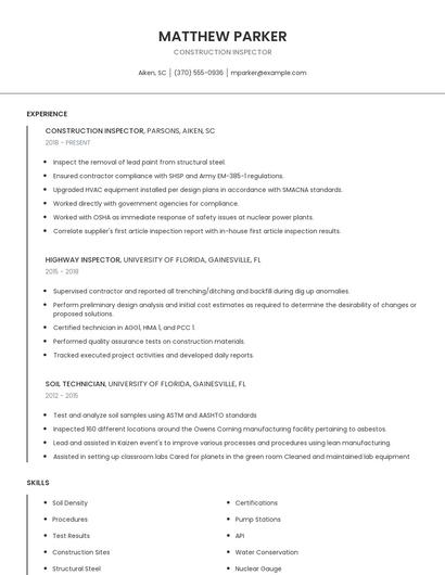 Construction Inspector Resume