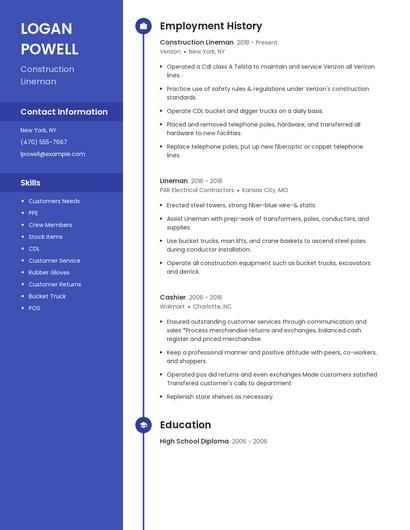 Construction Lineman Resume