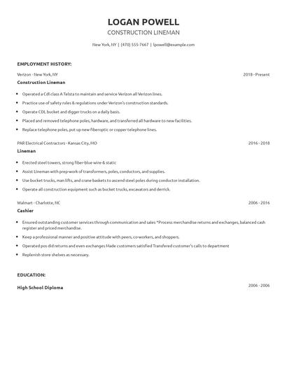 Construction Lineman Resume