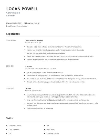 Construction Lineman Resume