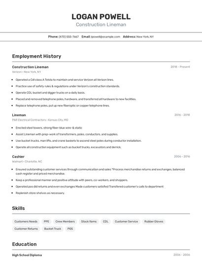 Construction Lineman Resume