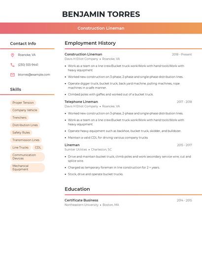 Construction Lineman Resume