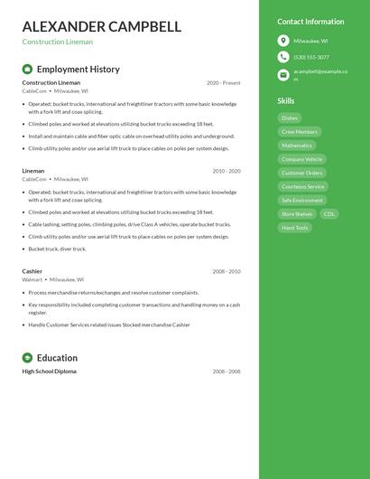 Construction Lineman Resume