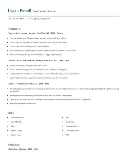Construction Lineman Resume