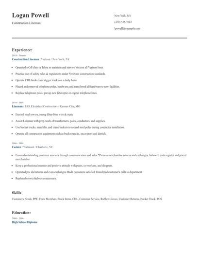 Construction Lineman Resume