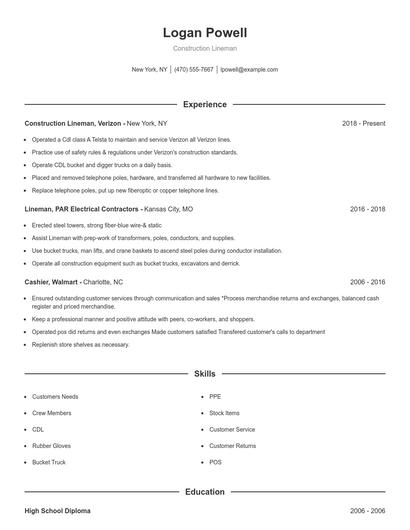 Construction Lineman Resume