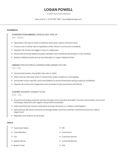 Construction Lineman Resume