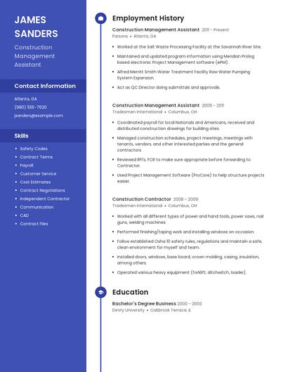 Construction Management Assistant Resume
