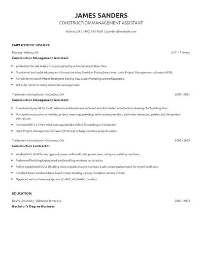 Construction Management Assistant Resume