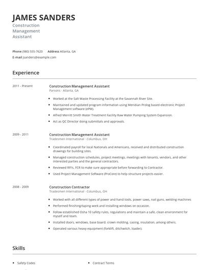 Construction Management Assistant Resume