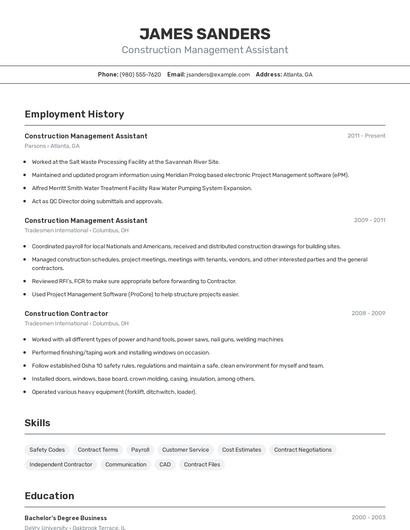 Construction Management Assistant Resume