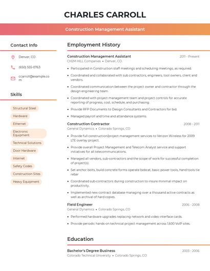 Construction Management Assistant Resume