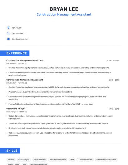 Construction Management Assistant Resume