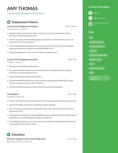Construction Management Assistant Resume