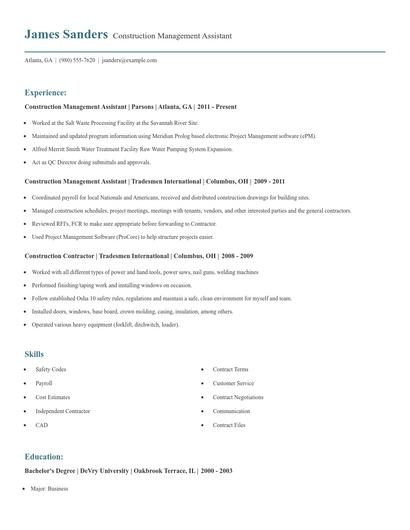 Construction Management Assistant Resume