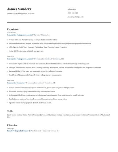 Construction Management Assistant Resume