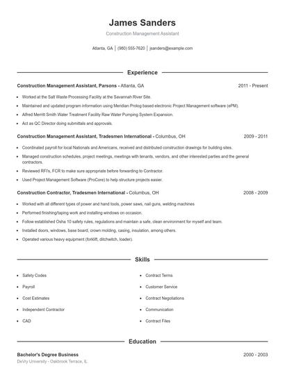 Construction Management Assistant Resume