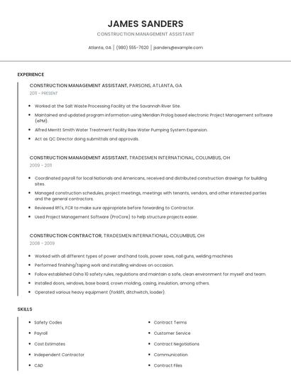 Construction Management Assistant Resume