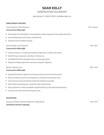 Construction Millwright Resume