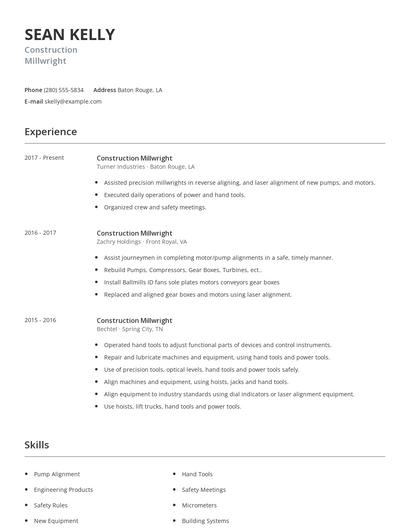 Construction Millwright Resume