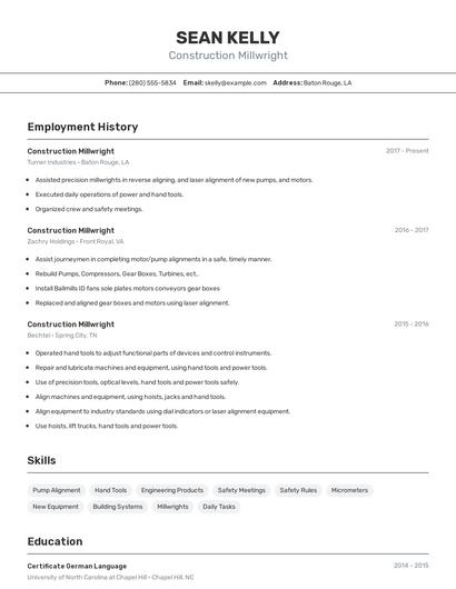 Construction Millwright Resume