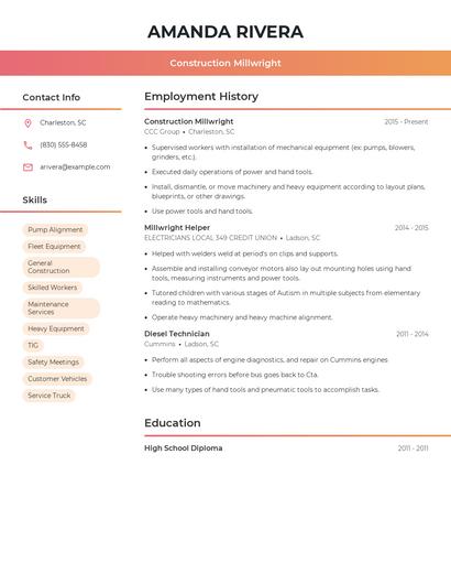 Construction Millwright Resume