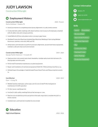 Construction Millwright Resume