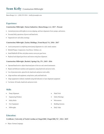 Construction Millwright Resume
