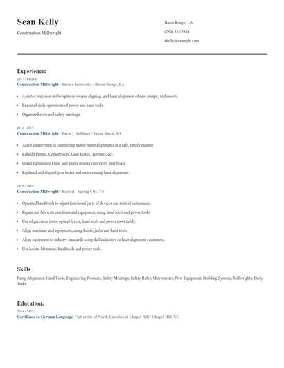 Construction Millwright Resume