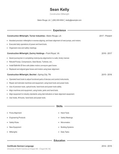 Construction Millwright Resume