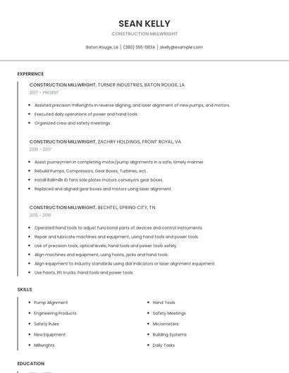Construction Millwright Resume