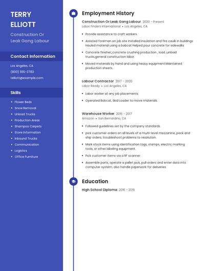 Construction Or Leak Gang Labour Resume