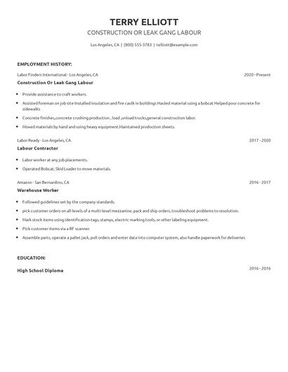 Construction Or Leak Gang Labour Resume