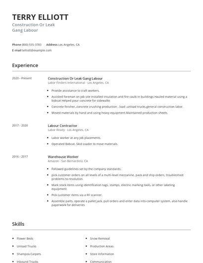 Construction Or Leak Gang Labour Resume
