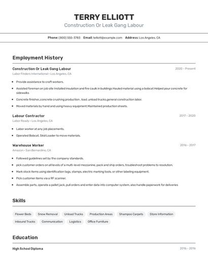 Construction Or Leak Gang Labour Resume