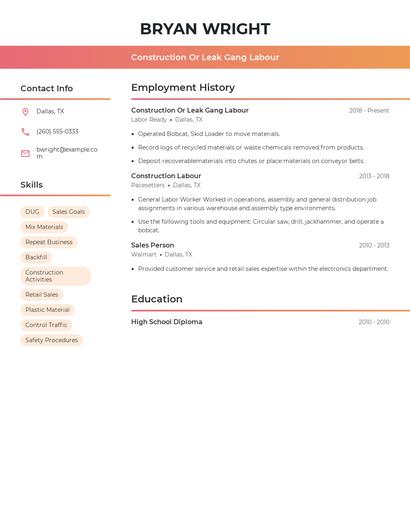 Construction Or Leak Gang Labour Resume