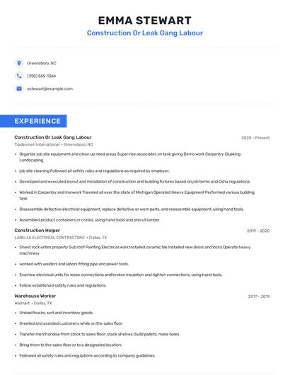 Construction Or Leak Gang Labour Resume