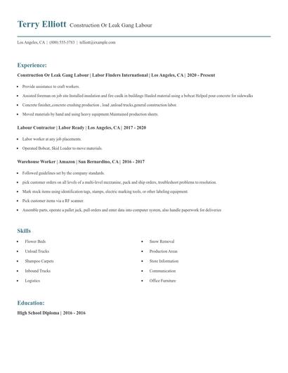 Construction Or Leak Gang Labour Resume