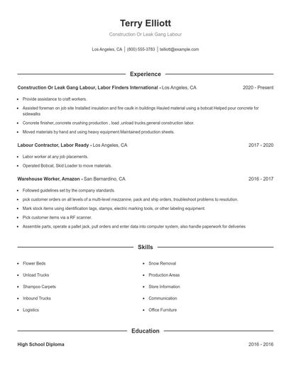 Construction Or Leak Gang Labour Resume