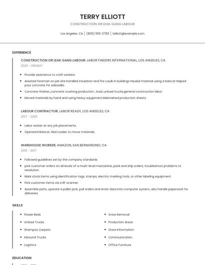 Construction Or Leak Gang Labour Resume