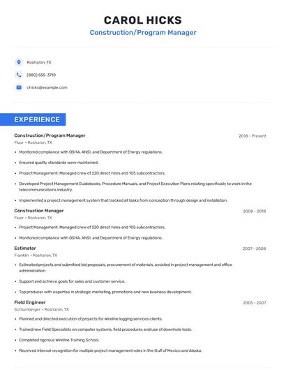 Construction/Program Manager Resume