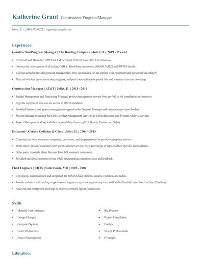 Construction/Program Manager Resume