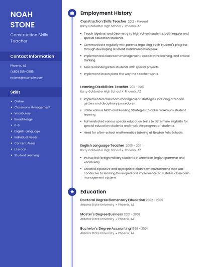 Construction Skills Teacher Resume
