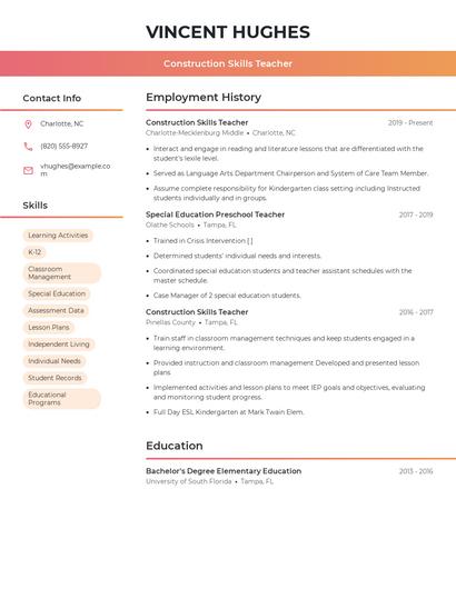 Construction Skills Teacher Resume