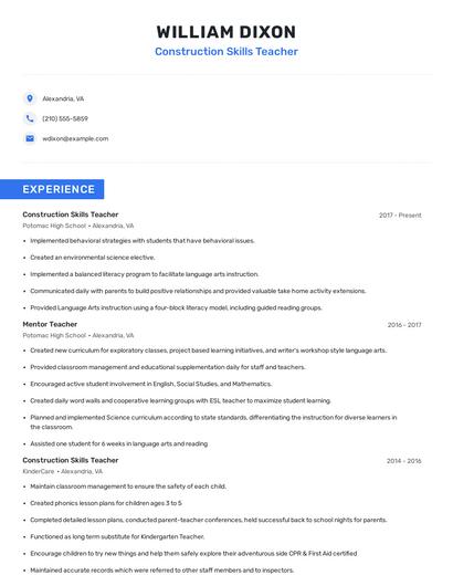 Construction Skills Teacher Resume