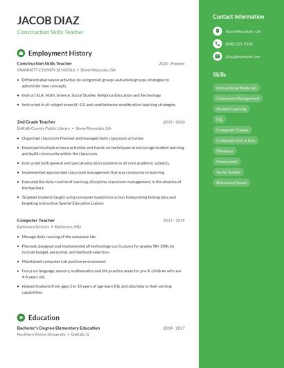 Construction Skills Teacher Resume
