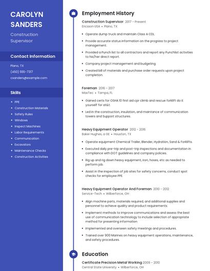 Construction Supervisor Resume