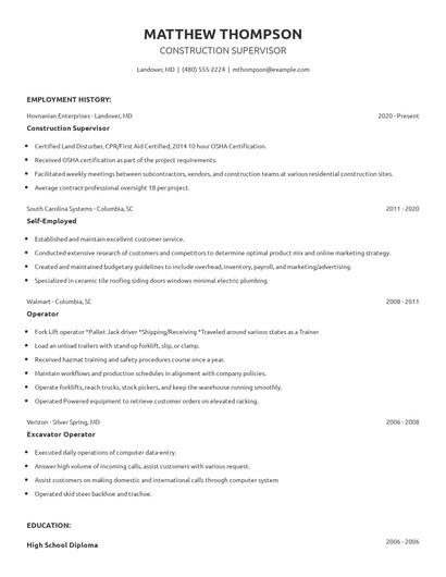 Construction Supervisor Resume